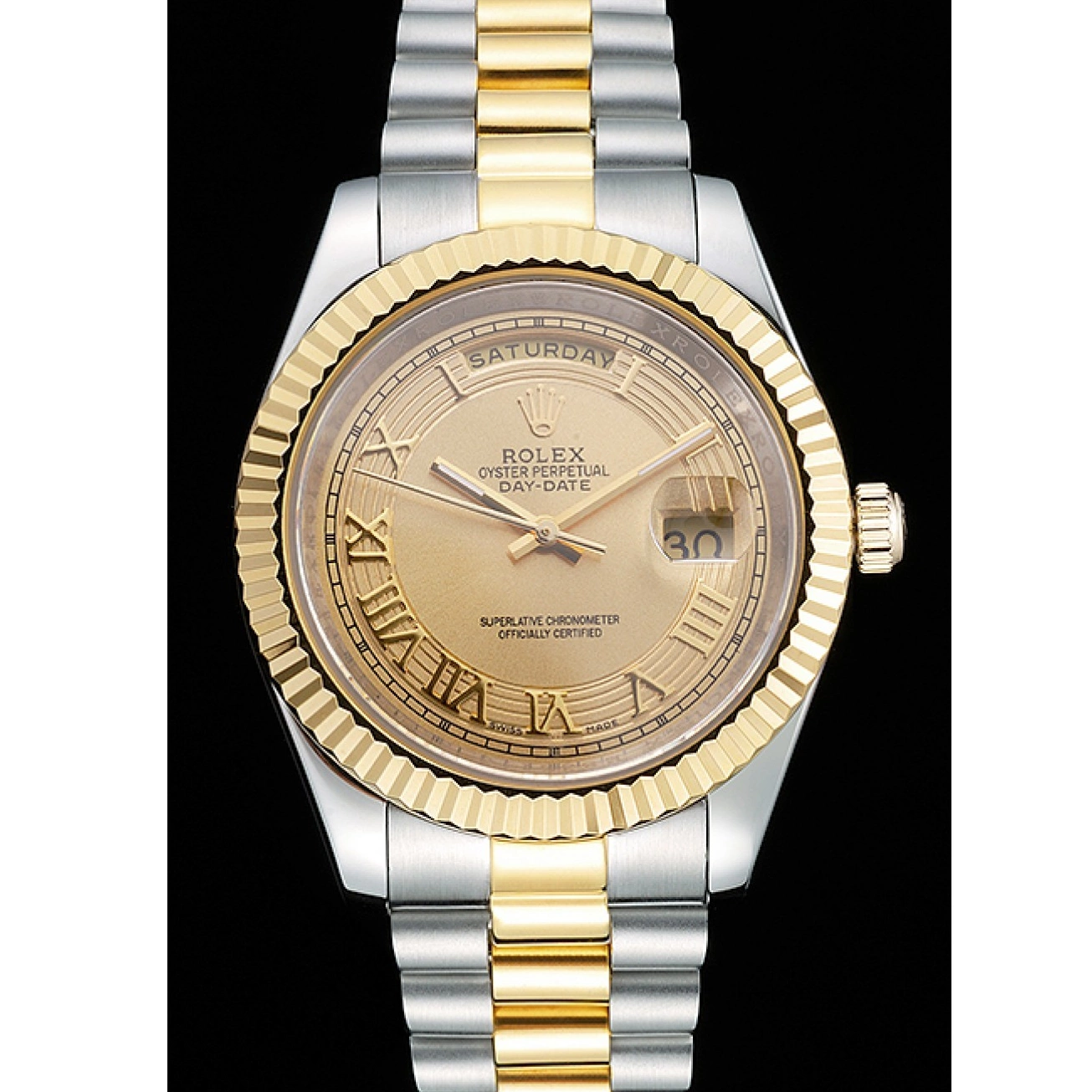 Aaa replica watch 18k Gold Steel Dial Day-Date Stainless Plated Gold Two Rolex Tone 0604
